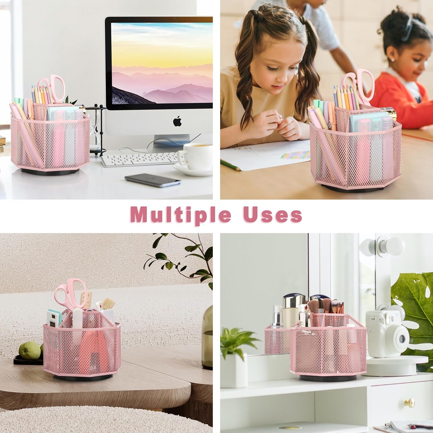 Stylish Light Pink EXERZ Desk Organiser - 360° Rotating Caddy with 5 Compartments for Ultimate Desk Tidy