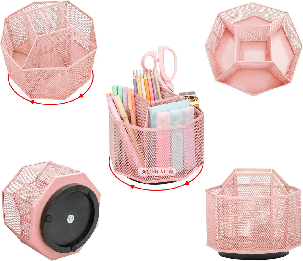 Stylish Light Pink EXERZ Desk Organiser - 360° Rotating Caddy with 5 Compartments for Ultimate Desk Tidy
