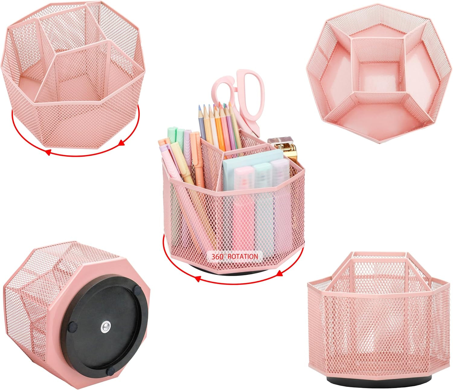 Stylish Light Pink EXERZ Desk Organiser - 360° Rotating Caddy with 5 Compartments for Ultimate Desk Tidy