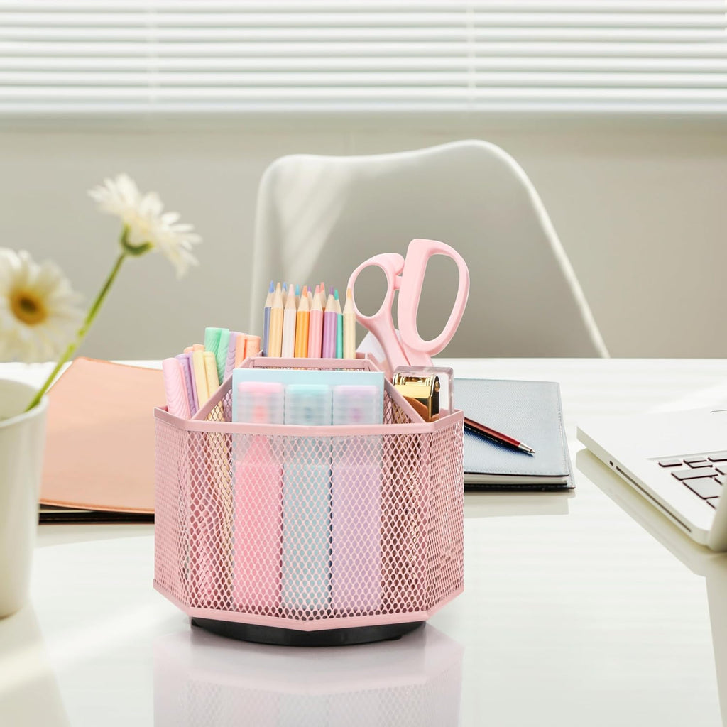 Stylish Light Pink EXERZ Desk Organiser - 360° Rotating Caddy with 5 Compartments for Ultimate Desk Tidy